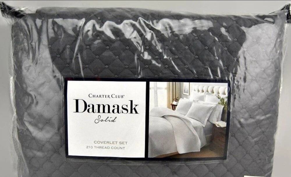 Charter Club Damask Quilted Solid FULL / QUEEN Coverlet & Shams Set Marble